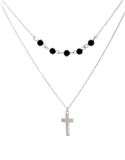 Dvojitý stříbrný náhrdelník s křížkem a korálky STNAH103F