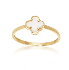 Dámský prsten ze žlutého zlata čtyřlístek s bílým korálem PR0611F + DÁREK ZDARMA
