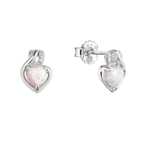 Levně Stříbrné náušnice srdce z bílého syntetického opálu a zirkony 11469.1 white