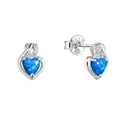 Levně Stříbrné náušnice srdce z modrého syntetického opálu a zirkony 11469.3 white