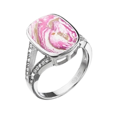 Stříbrný prsten obdélník růžovobílý mramor se Swarovski krystaly 75014.1