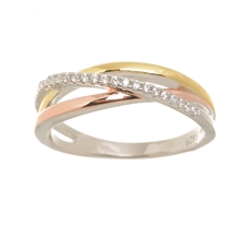 Dámský stříbrný pozlacený tříbarevný prsten s čirými zirkony STRP0366F